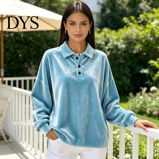 Lady Pullover Shirt Women Velvet Shirt, 3-Button Collared Casual Blouse, Solid Color Loose Long Sleeve Top for Daily Wear Work