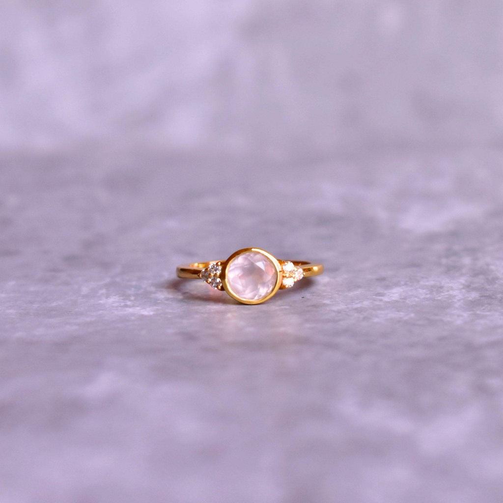Natural Rose quartz solitaire ring, Vintage Inspired pink quartz dainty round cut gemstone ring , Handmade proposal or promise ring for her