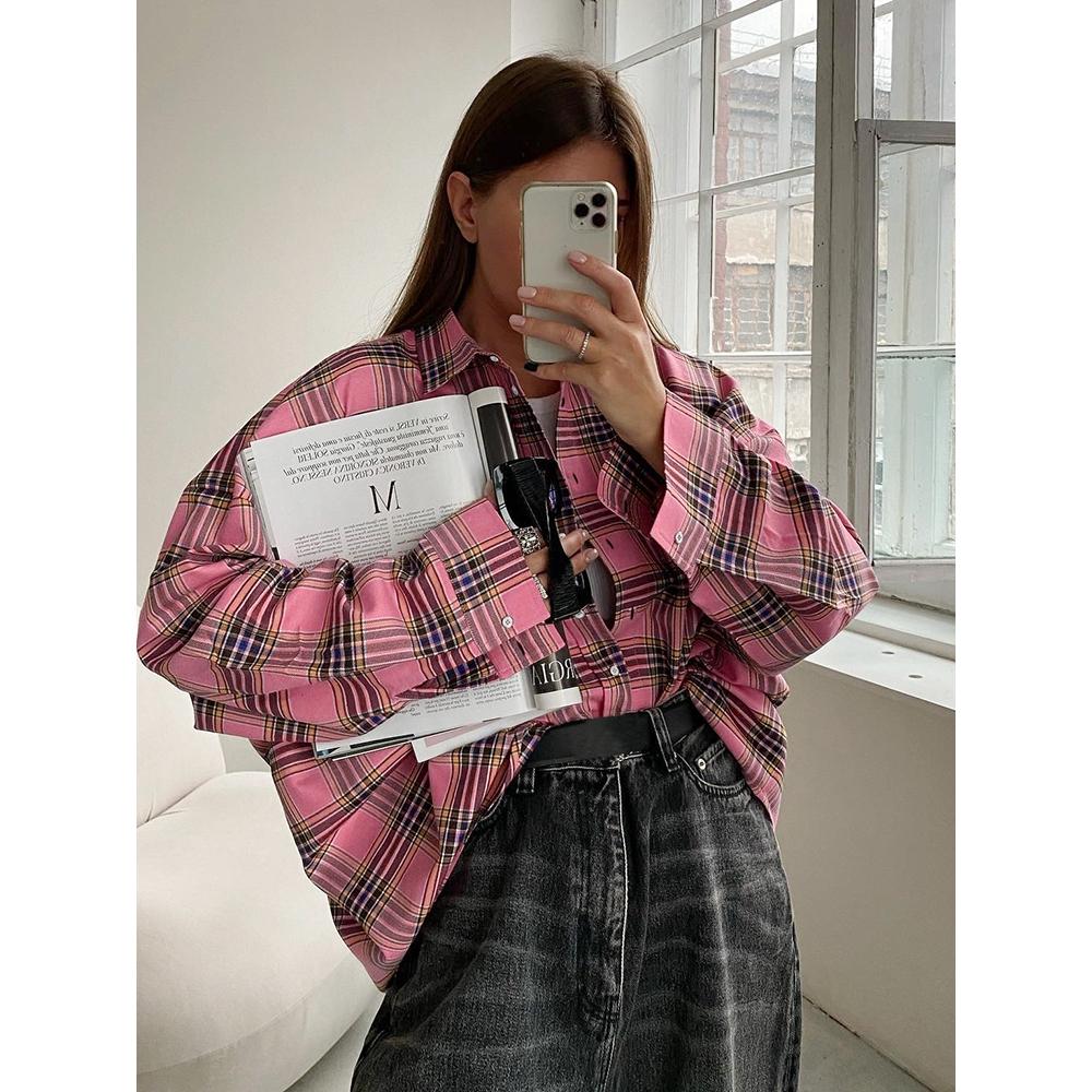 Розовые рубашки и топы в клетку, женская уличная одежда, повседневный топ в клетку с длинными рукавами, однобортная рубашка большого размера, женская