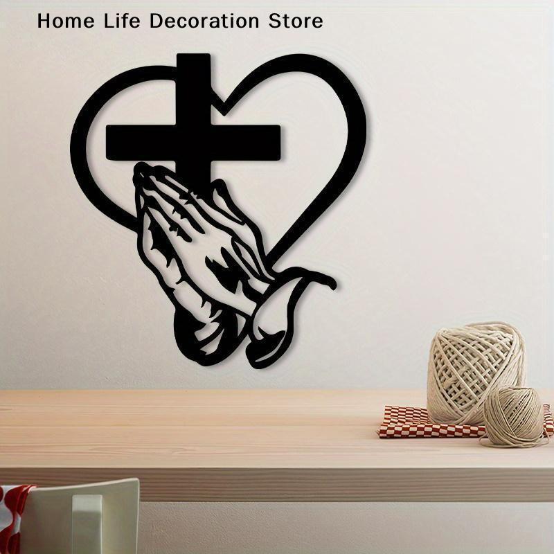 1Piece Cast Iron Cross Art, Modern Religious Metal Wall Decor, Praying Hands Design, Easy to Hang, Perfect for Living Room Gifts