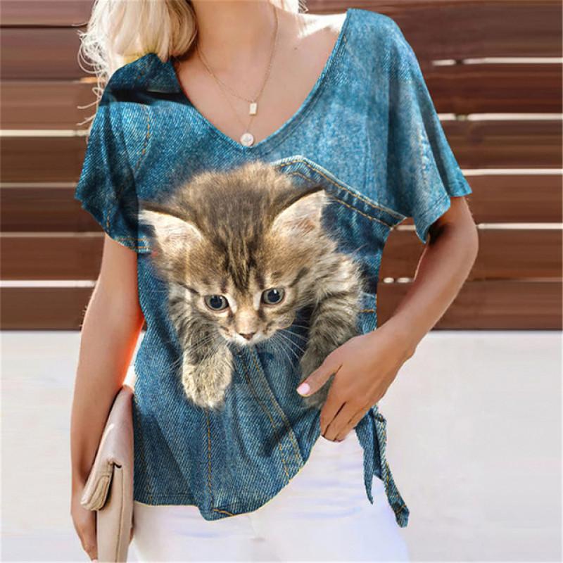 Повседневная аниме повседневная сексуальная милая цифровая футболка с 3D принтом кота, женский топ, свободные футболки с короткими рукавами и v-образным вырезом, женские топы, одежда