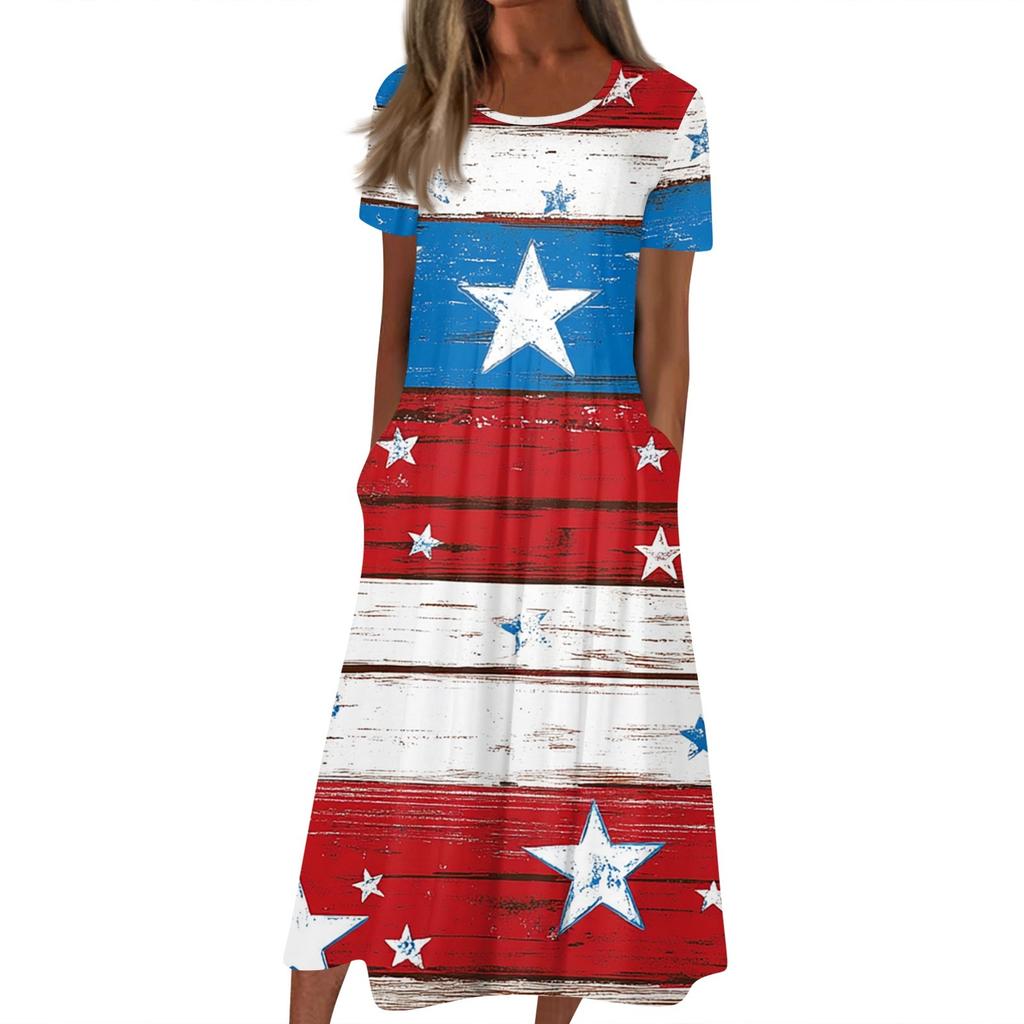 Женское летнее повседневное модное платье с коротким рукавом и карманом на День независимости с коротким рукавом