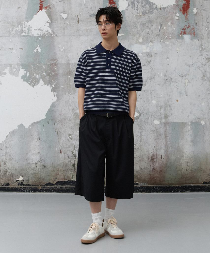 AGOD Collar Button Stripe Half Knit [Navy]