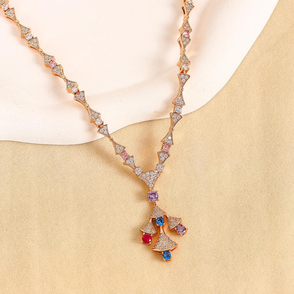 Элегантный набор колье в форме веера и красочных серег с цирконами для женщин - Медь с золотым покрытием