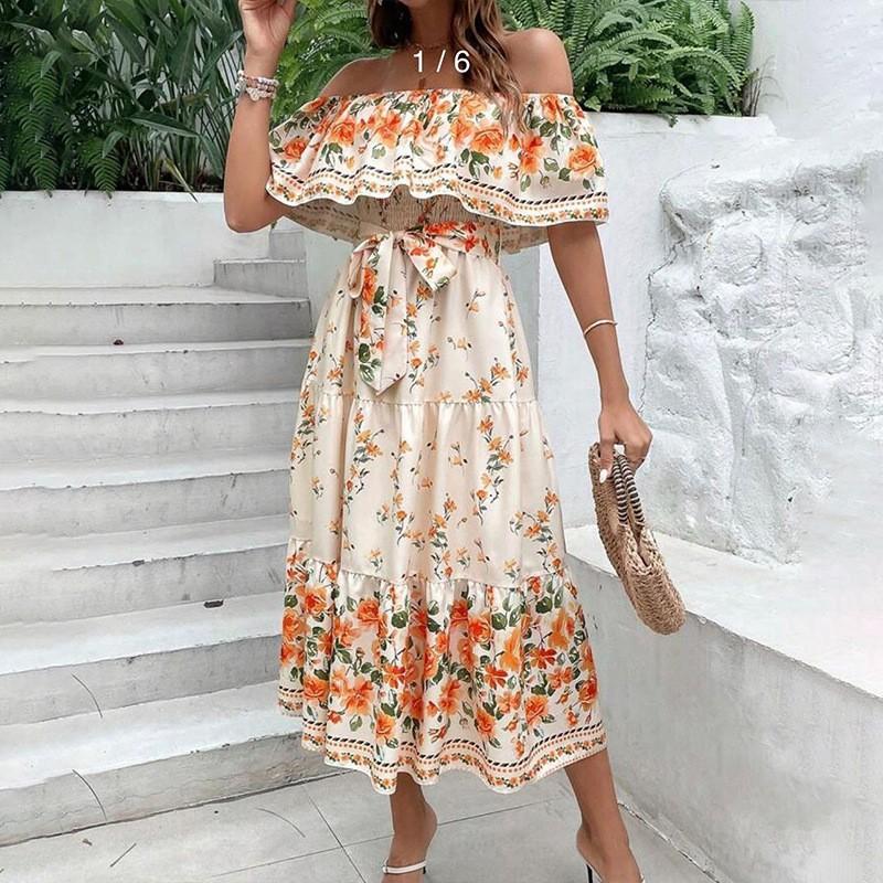 Womens Off-Shoulder Long Maxi Dress With Floral Print A-Line Flowy Skirt 2025 Elegant Casual Wear