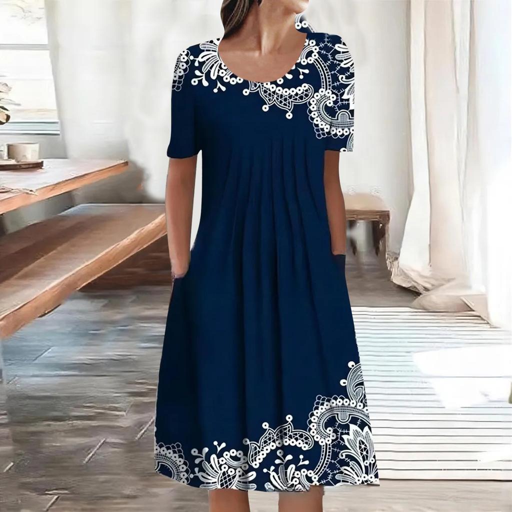 Женское летнее повседневное модное свободное платье с круглым вырезом и коротким рукавом с принтом