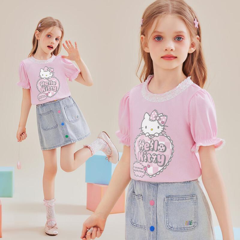 Hello Kitty Летняя детская футболка с мультяшным принтом в виде сердца и пышными рукавами