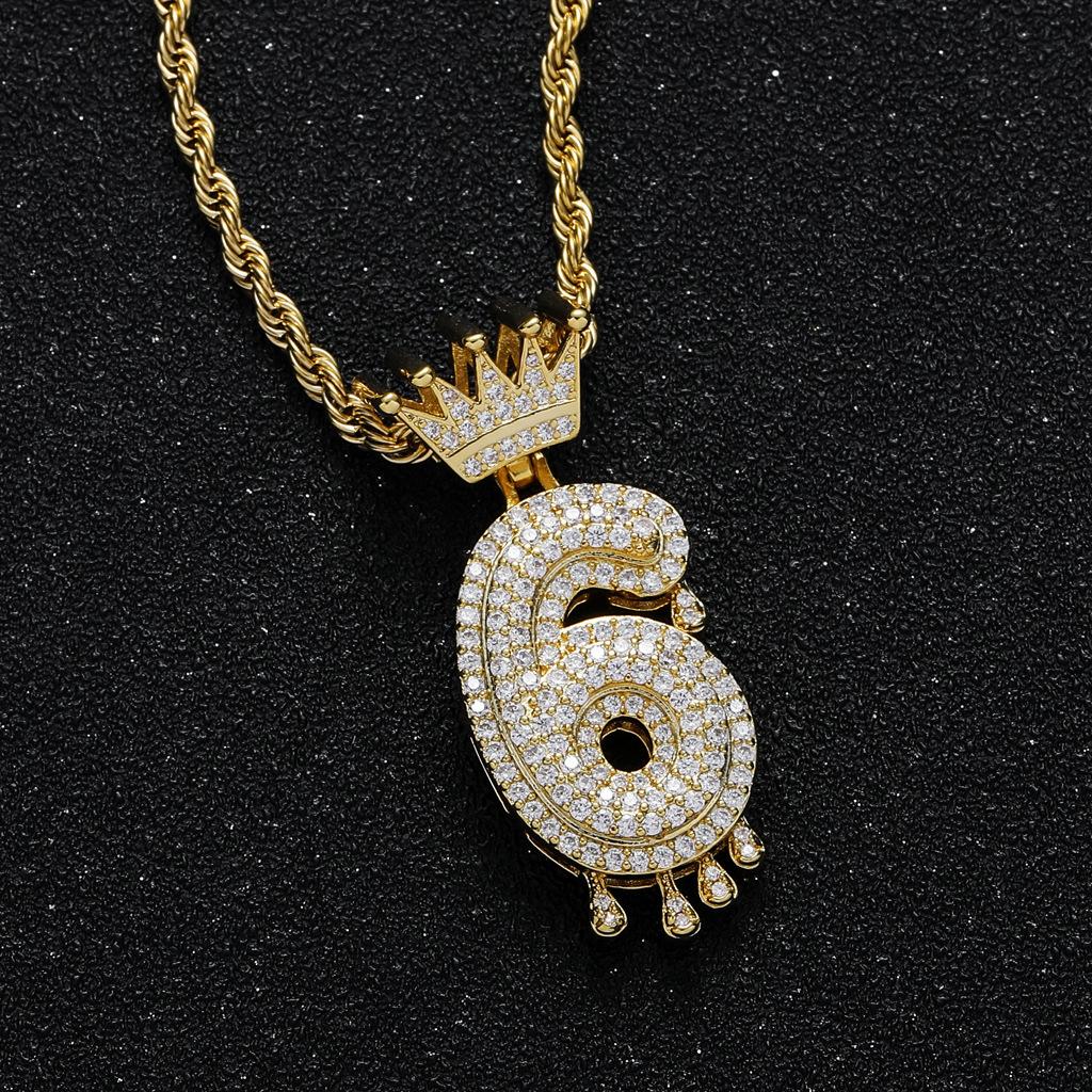 SQEuropean American Cross-border Hip-hop Digital Crown Water Drop Zircon Pendant Personalized Letter Number DIY Bamboo Necklace