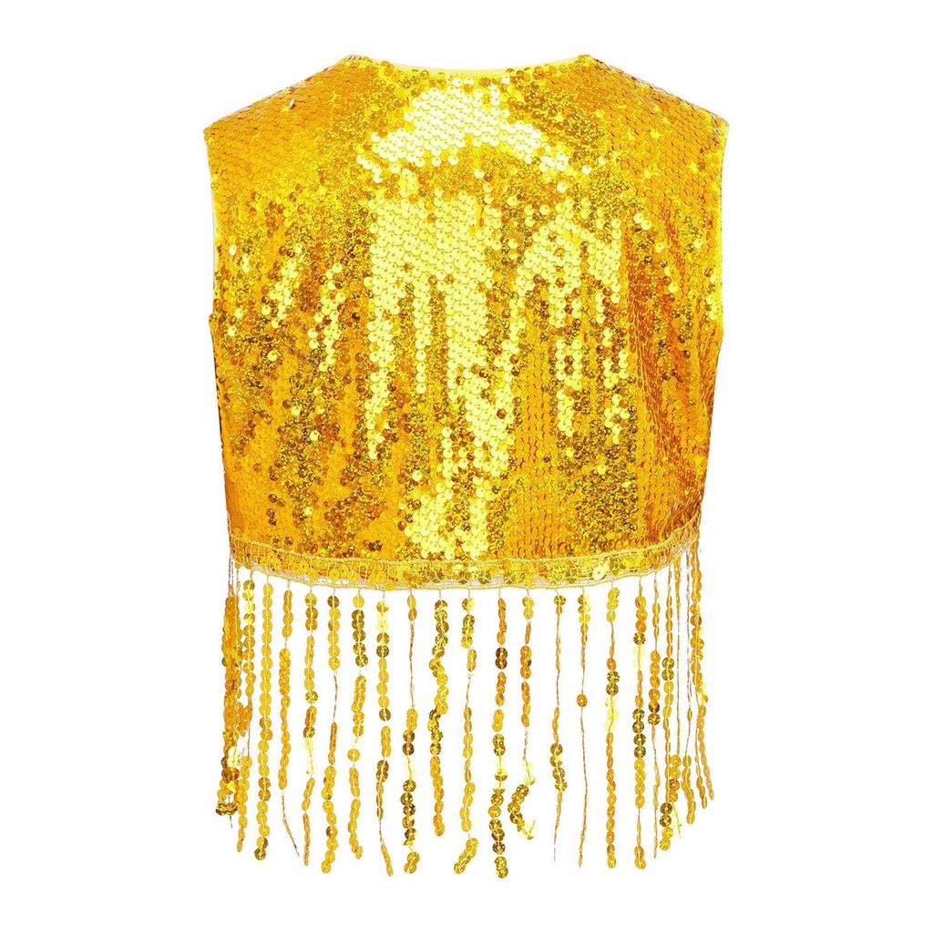 Sparkly Sequin Fringe Vest for Girls: Sleeveless Open Front Crop Top Waistcoat with Tassels, Perfect for Dance Recital & Show