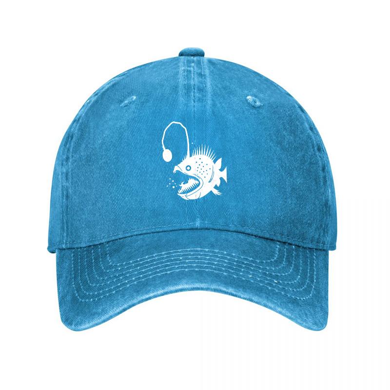 Angler Fish Design Washed Cotton Baseball Cap Dark Gray Embroidered Sea Creature Pattern Adjustable Dad Hat
