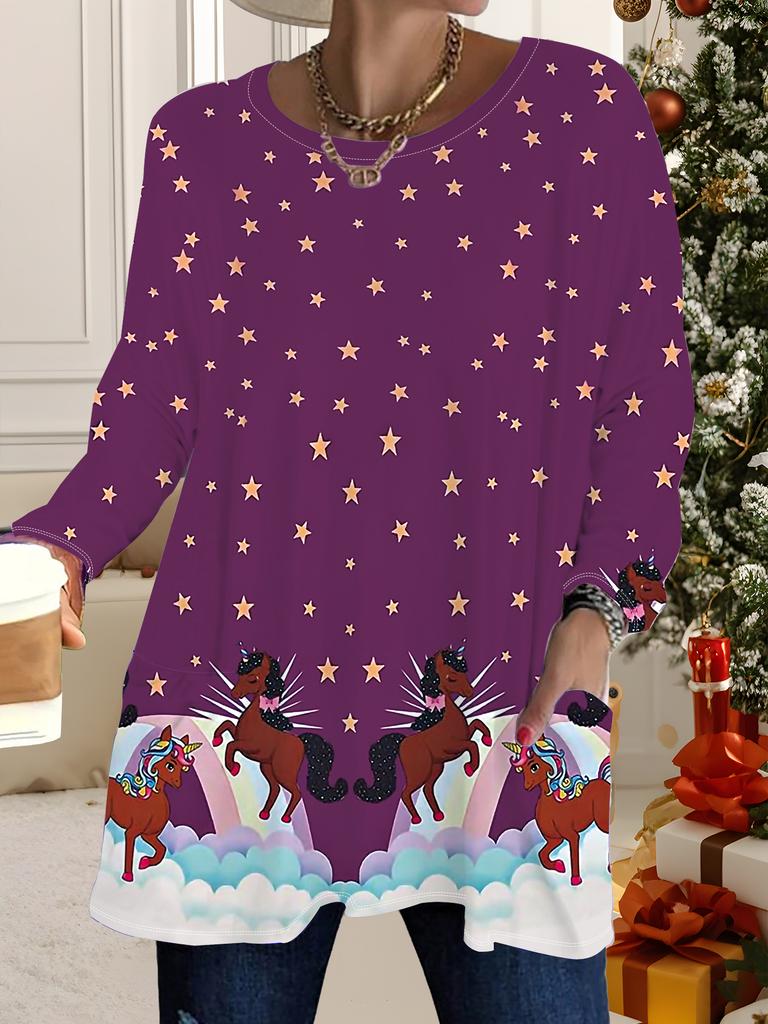 2025 Autumn Winter New Plus Size Women's Tops, Christmas 3D Print Fashion Crew Neck Long Sleeve T-Shirts