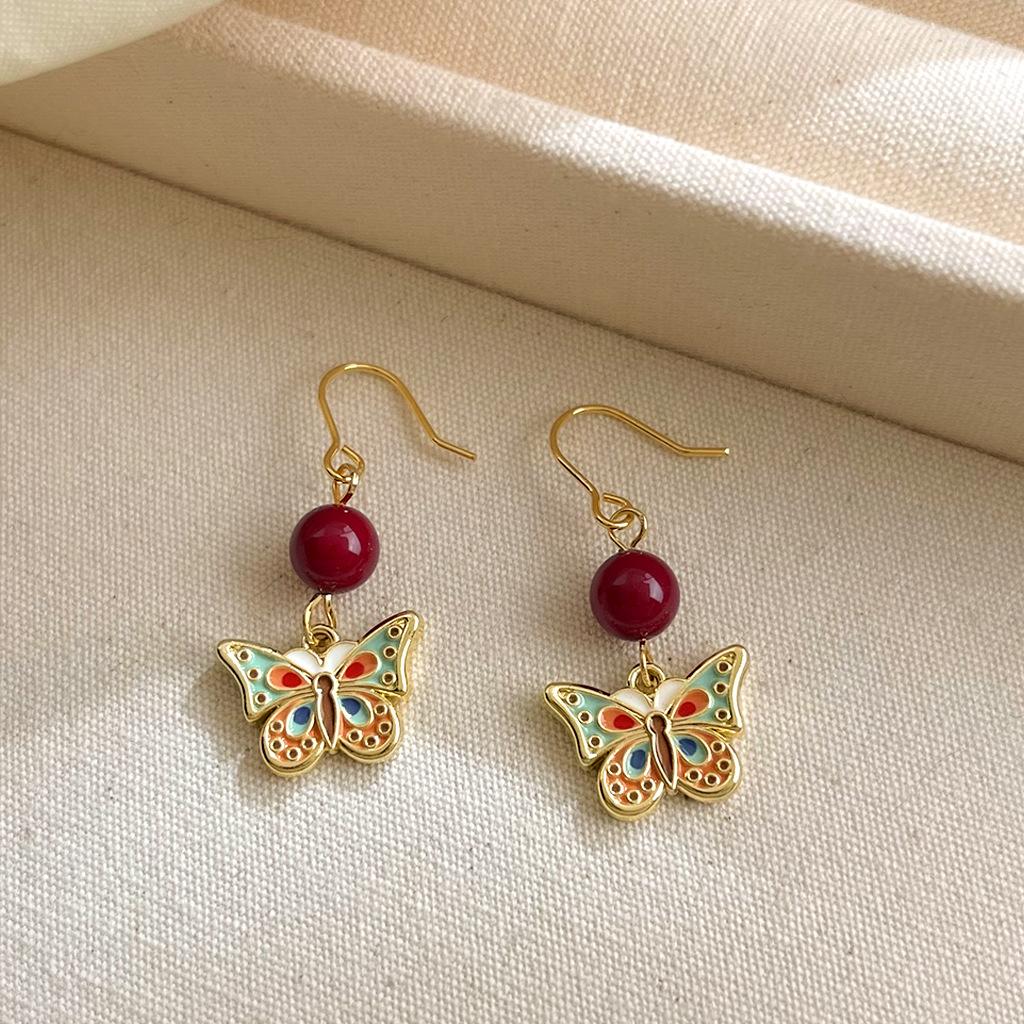 14k Gold Plated Enamel Butterfly Drop Earrings Colorful Double Sided Enamel Red Bead Dangle Earrings Vintage Ethnic Jewelry For Women
