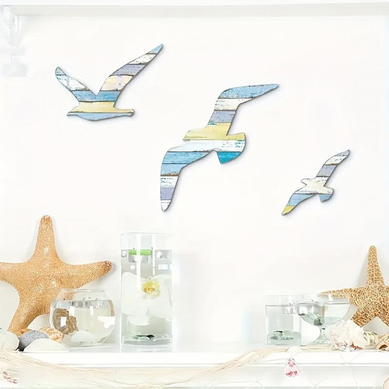3-Piece Set Wooden Seagull Wall Decorations Nautical Coast Theme Retro Beach Marine Bird Living Room Bedroom Decoration