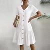 Женское повседневное однотонное свободное платье с v-образным вырезом и пуговицами с короткими рукавами и рюшами по подолу