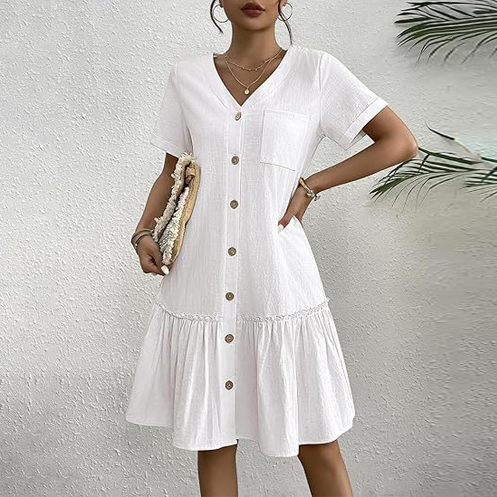 Женское повседневное однотонное свободное платье с v-образным вырезом и пуговицами с короткими рукавами и рюшами по подолу