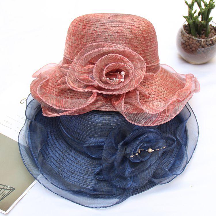 Летняя шляпа от солнца из органзы, элегантная складная пляжная шляпа с защитой от солнца с искусственным цветком, пляжная шляпа для путешествий и отдыха на открытом воздухе для женщин