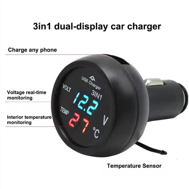 Автомобильное зарядное устройство 3-в-1 12/24 В Вольтметр Термометр USB-зарядка Переключатель Автоматический Светодиодный Цифровой Монитор Дисплей Амперметр Детектор напряжения
