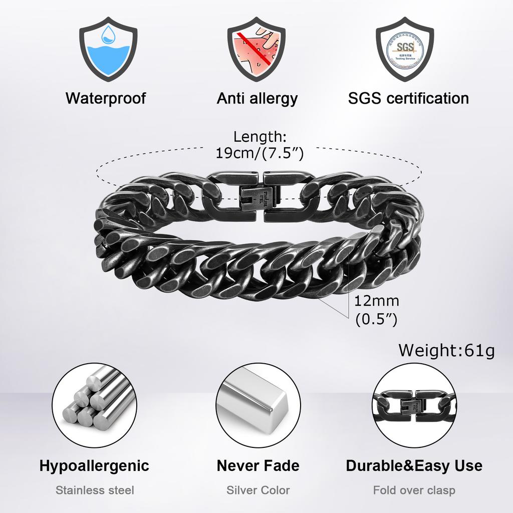 Vnox 8mm/12mm Bold Heavy Stainless Steel Cuban Bracelets for Men Boys,Oxidized Metal Wristband,Punk Rock Chain Bracelet Jewelry