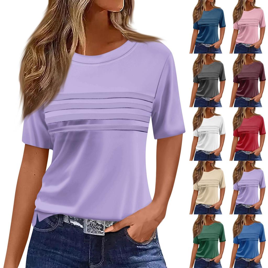 Женская плиссированная футболка с круглым вырезом, однотонная, с коротким рукавом, с разрезом по низу