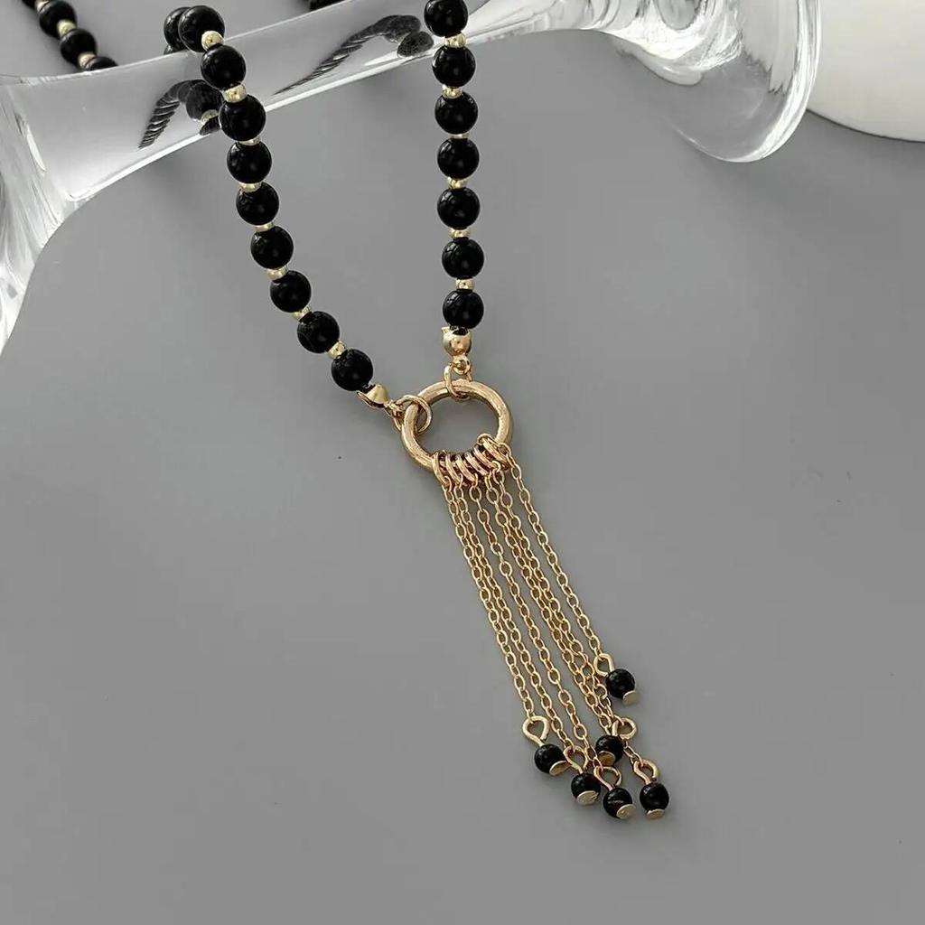 Ingemark Vintage Unique Black Acrylic Beaded Tassel Pendant Chokers Necklace for Women Trendy Metal Clavicle Chain Party Jewelry