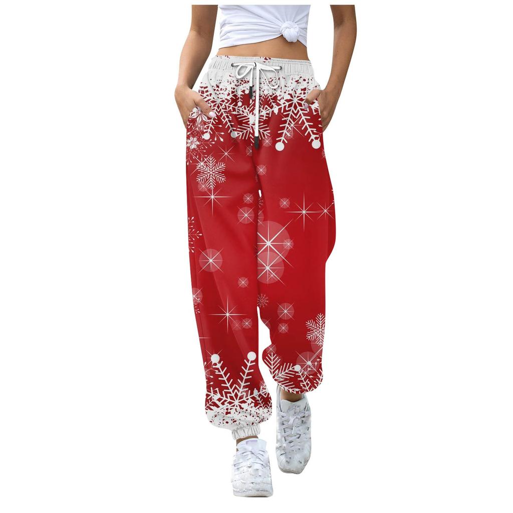 Женские повседневные брюки для отдыха с рождественским принтом, спортивные брюки, брюки с эластичной резинкой на талии, брюки с завязками на шнурке