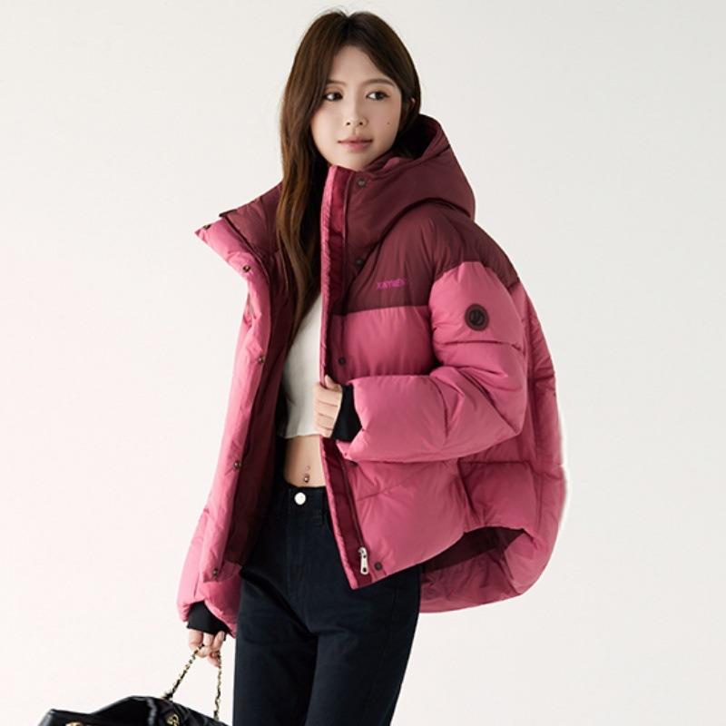 Winter New Short Hooded Color Blocked Cotton Jacket for Women's Sports, Fashionable, Thick and Warm Couple Jacket