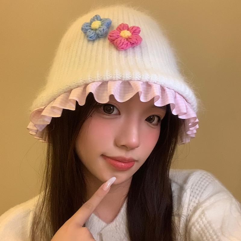 Милая плюшевая шляпа-ведро с цветком, женская осенне-зимняя теплая универсальная вязаная шапка с изображением лица, маленькая шерстяная шапка прилив
