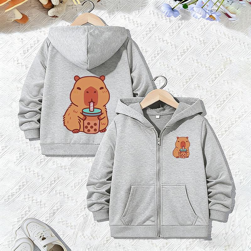 Capybara Letter Print Zipper Hoodie Jacket Kids Boys Girls Spring Autumn Trendy Animal Cartoon Sweatshirts Zip Up Children