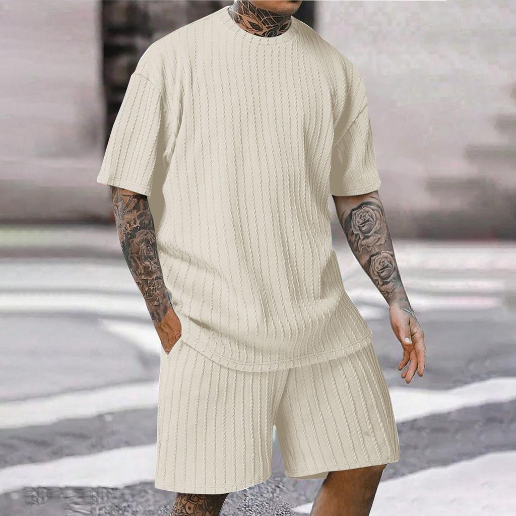 Мужская комплект из 2 предметов: летняя футболка с круглым вырезом с короткими рукавами и повседневные спортивные шорты на шнурке