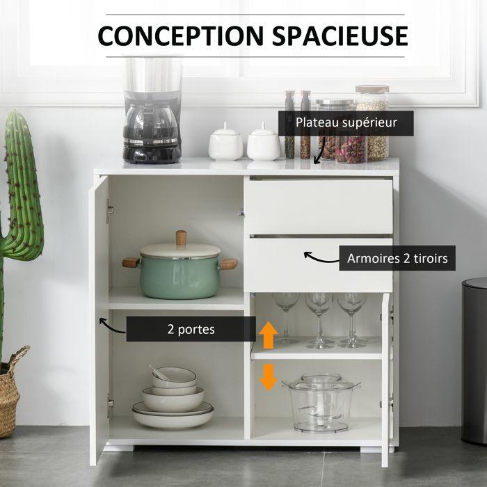 Buffet de rangement - HOMCOM - meuble commode armoire 2 tiroirs 2 placards étagères réglables - bois - 79x36x74cm - blanc