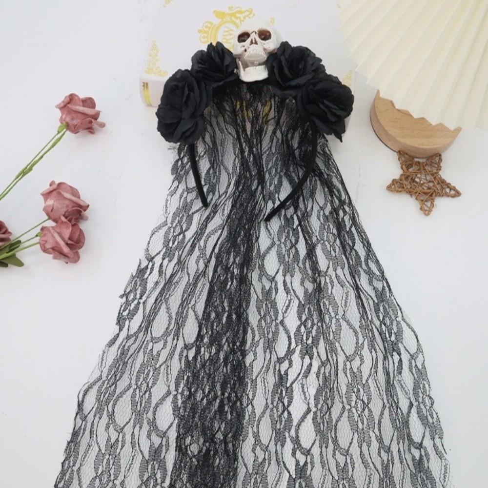 Black Halloween Headband Gothic Cosplay Headdress Funny Rose Skull Hair Band Girl
