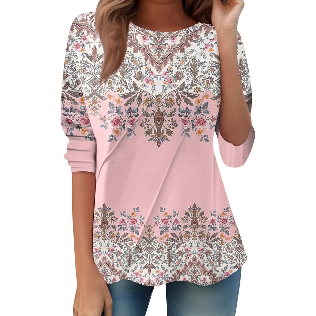 Women's Loose Casual Long Sleeve Top Round Neck Button Pull Stripe Prints T Shirt