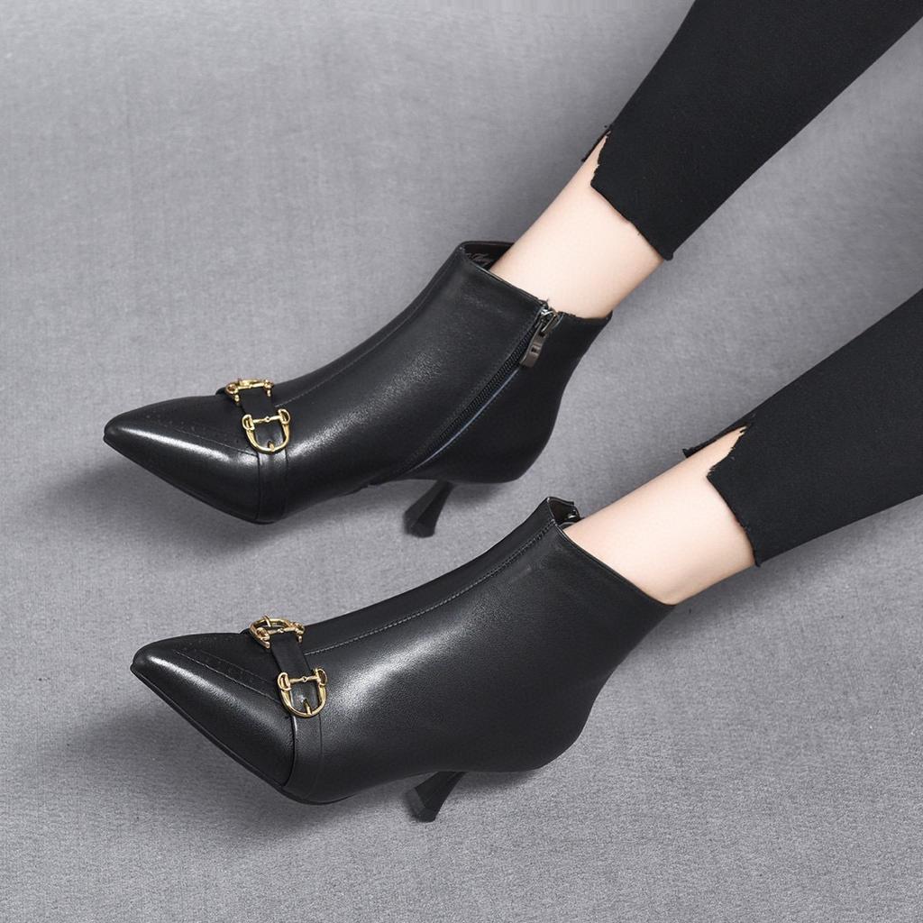 Модные остроносые маленькие ботильоны осень-зима новые модные ботильоны на шпильке первый слой коровьей кожи боковая молния короткие ботильоны