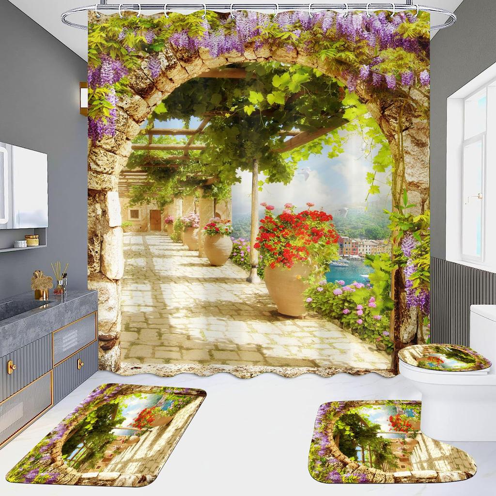 4 шт., наборы занавесок для душа в европейском стиле с архитектурой замка Мандала для ванной комнаты, нескользящие коврики для ванной комнаты, крышка для унитаза, коврик для ванной