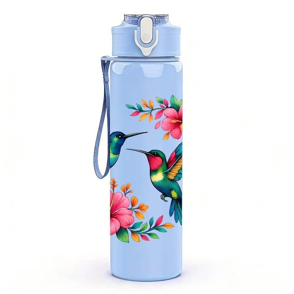 1PC Hummingbird Floral Wreath 750ml Color Plastic Sports Water Bottle Leakproof Flip Straw Lid Suitable for Sports Office Home Use