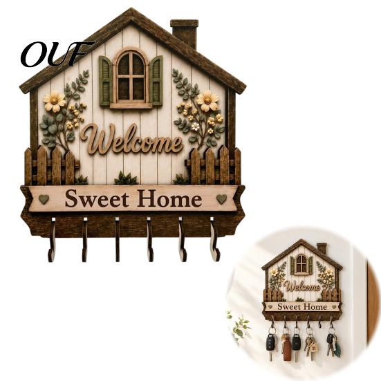 Farmhouse Decor for Home Wooden Key Holder Wall, House Shape Rack with Floral Storage Wall Relief, Welcome Sweet Mount Hooks, Rustic Entryway Entrance