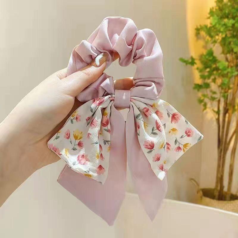 Korea Floral Bow Scrunchies For Women Satin Long Ribbon Ponytail Scarf Girls Hair Bobbles Print Elastic Hair Bands Accessories