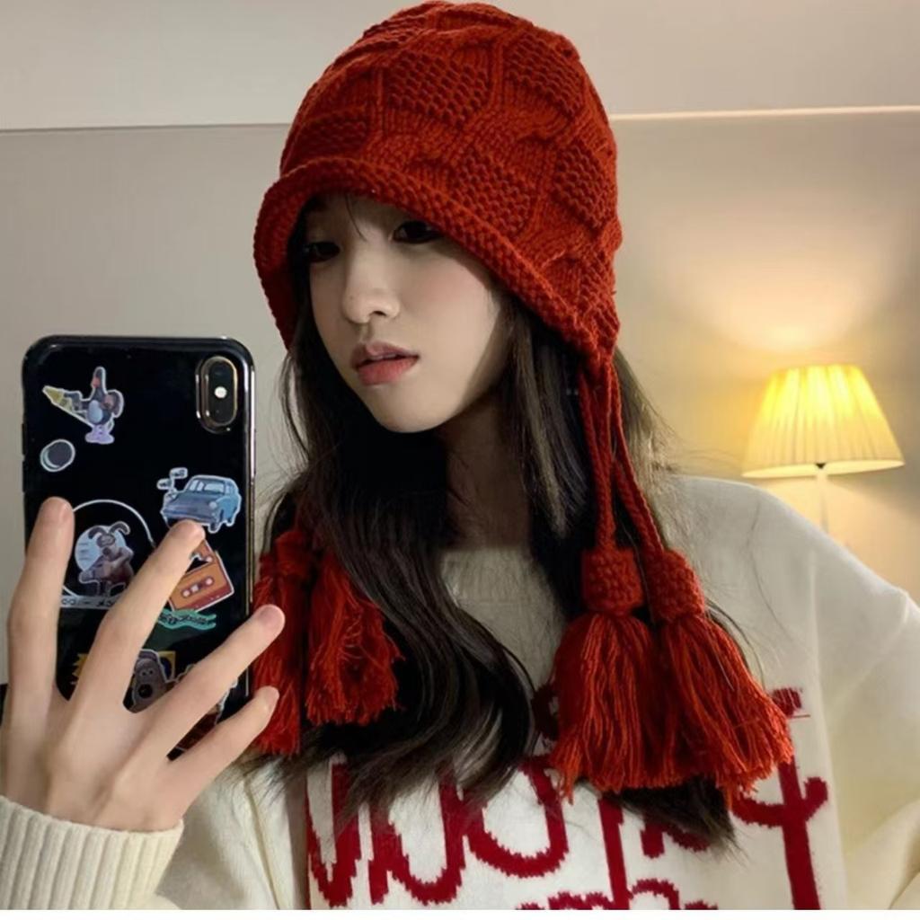 New hat women's versatile fringed wool hat autumn and winter warm ear protection red handmade knitted hat