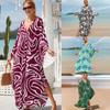Plus Size Boho Cover Up, Women's Plus Painting Print Bat Sleeve V Neck Split Hem Maxi Cover Up Dress