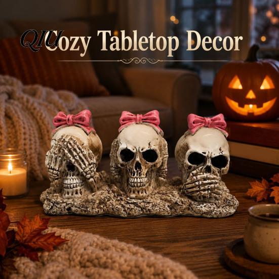 Spooky Mantel Display Pink Bow Skull Figurine, See Hear Speak No Evil Skulls Ornament, Dark Aesthetic Desk Accessory Gothic Resin Statue for Halloween