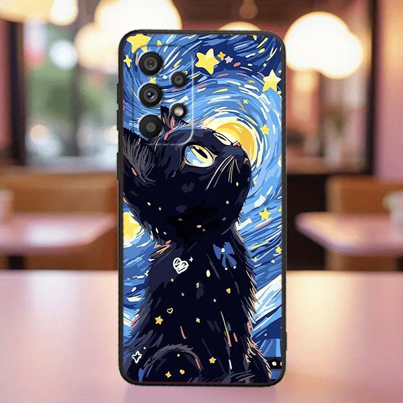 Милая мультяшная кошка Иллюстрация Для Samsung A41 A35 A34 A33 A32 A25 A24 A23 A21s A06 A05 A04 A03 Note 10 20 Ultra 5G Черный Чехол