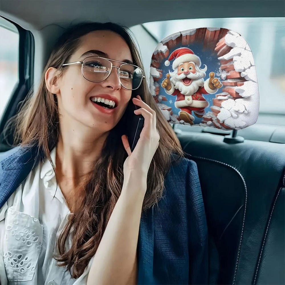 Santa Claus Print Car Headrest Cover, Easy To Install & Wash, Commuting & Road Trip Headrest Cover Decor