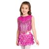 Complete 70s Disco Costume Set for Kids Girls: Shiny Metallic Top with Chest Tassels & Tiered Ruffle Shorts, 2-Piece Outfit