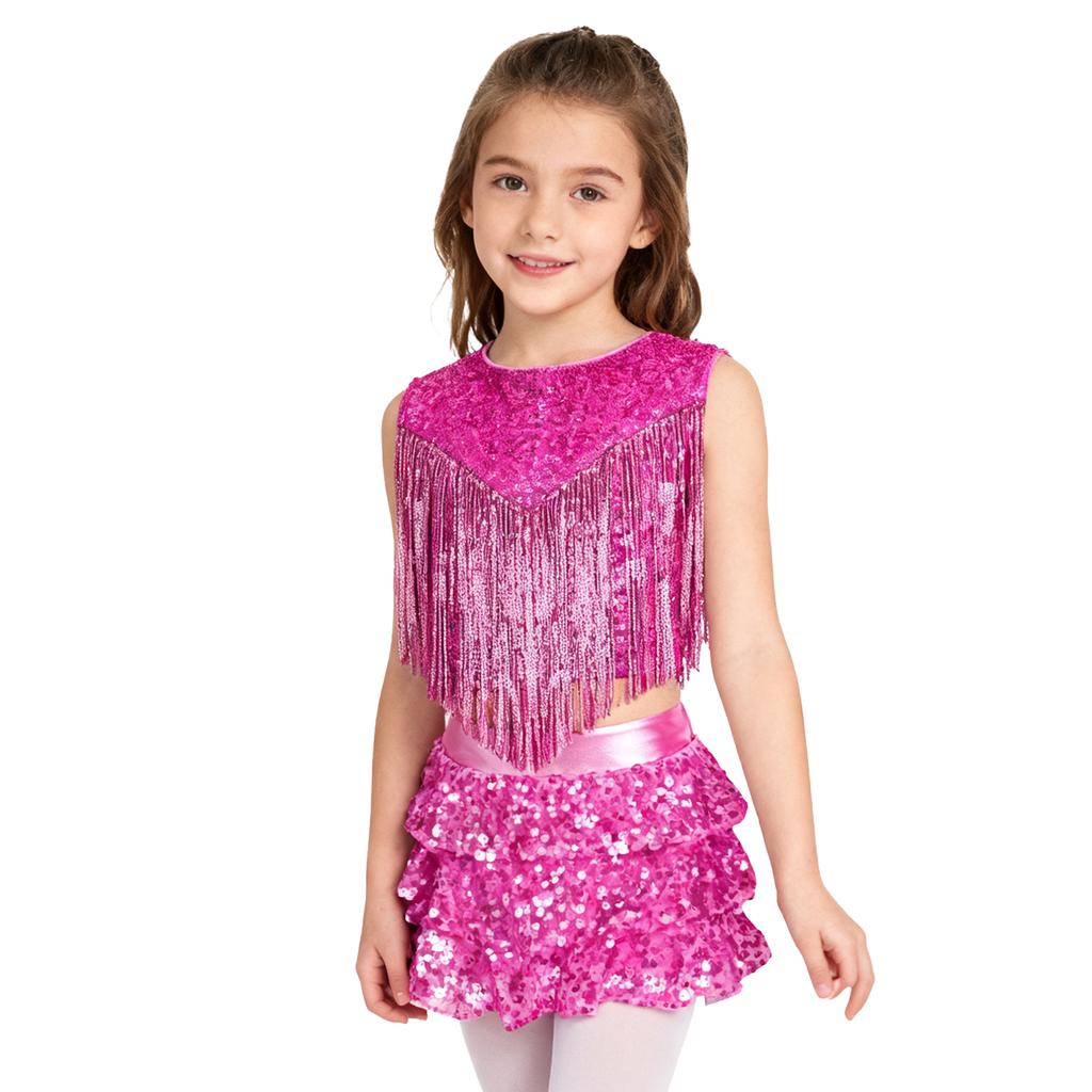 Complete 70s Disco Costume Set for Kids Girls: Shiny Metallic Top with Chest Tassels & Tiered Ruffle Shorts, 2-Piece Outfit