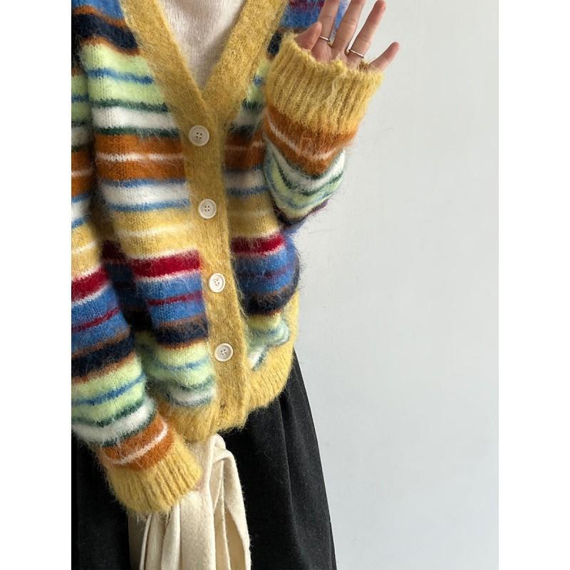 LUXI Korean Ins Vintage Rainbow Striped Cardigan Wool Blend Knit Sweater SS1152