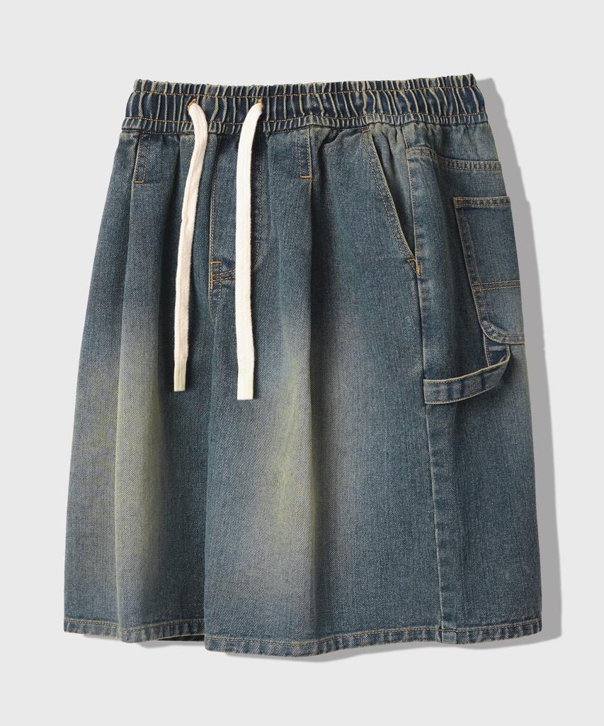 LEMAIN SECOND Bermuda Wide One-Pleat Carpenter Denim Elastic Shorts [Sand Blue]