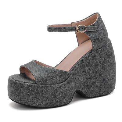 2025 Повседневные женские сандалии с круглым носком, на танкетке 12 см, на платформе, с ремешком на пряжке, больших размеров 41 42 43, модные повседневные мягкие туфли