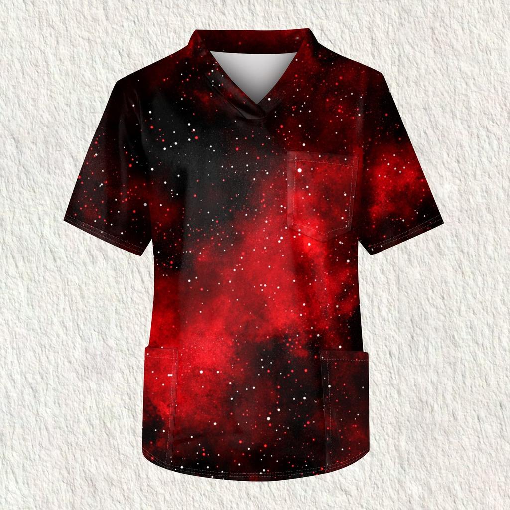 Мужская рабочая блузка с короткими рукавами и v-образным вырезом с принтом, топ с нагрудным карманом