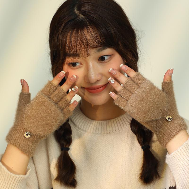 Женские плюшевые перчатки без пальцев Flip: Толстый, теплый, непромокаемый зимний стиль