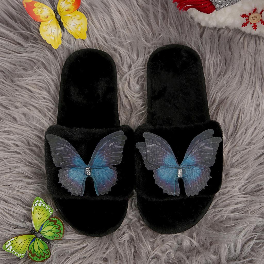 Soft Fluffy Fur Slippers Women Winter House Warm Furry Slippers Women Flip Flops Butterfly Home Slides Flat Indoor Floor Shoes